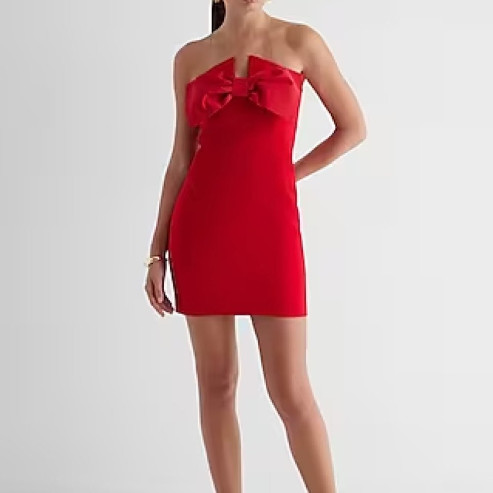 Strapless Statement Bow Mini Sheath Dress, Size M